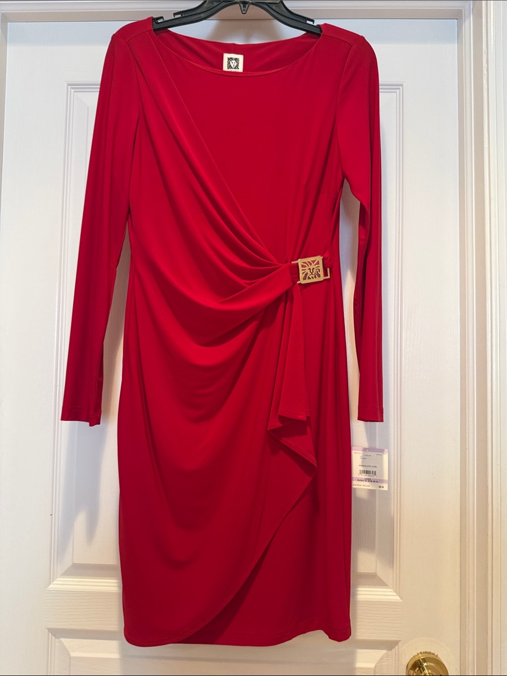 Anne Klein Red Long-Sleeve Twist-Waist Sheath Party Dress